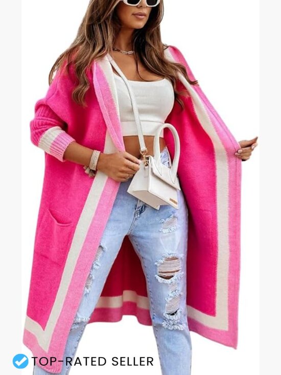 Sweaters - Color Block Vertical Striped Open Front Hooded Long Cardigan Sweater with